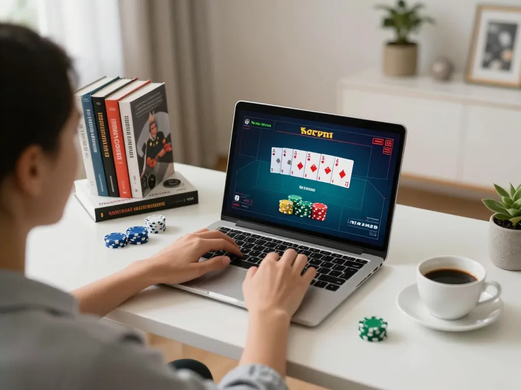 KJC poker player strategizing on laptop in a modern home office setup