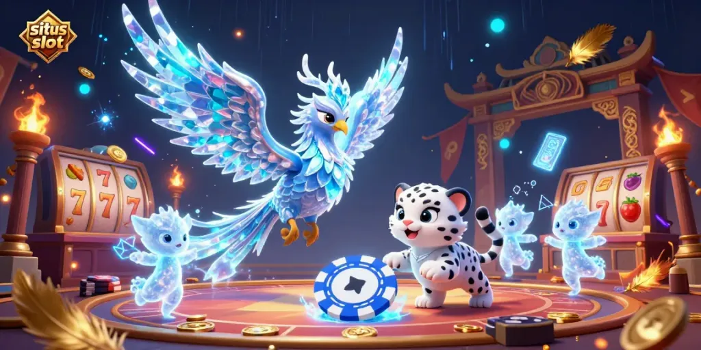 Menggambarkan situs slot dengan burung phoenix es bercahaya, anak macan tutul, dan sprite es dalam suasana kasino