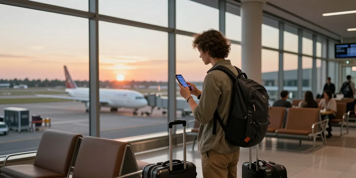 Traveler preparing for their AA88 flight at sunset in a modern airport terminal.