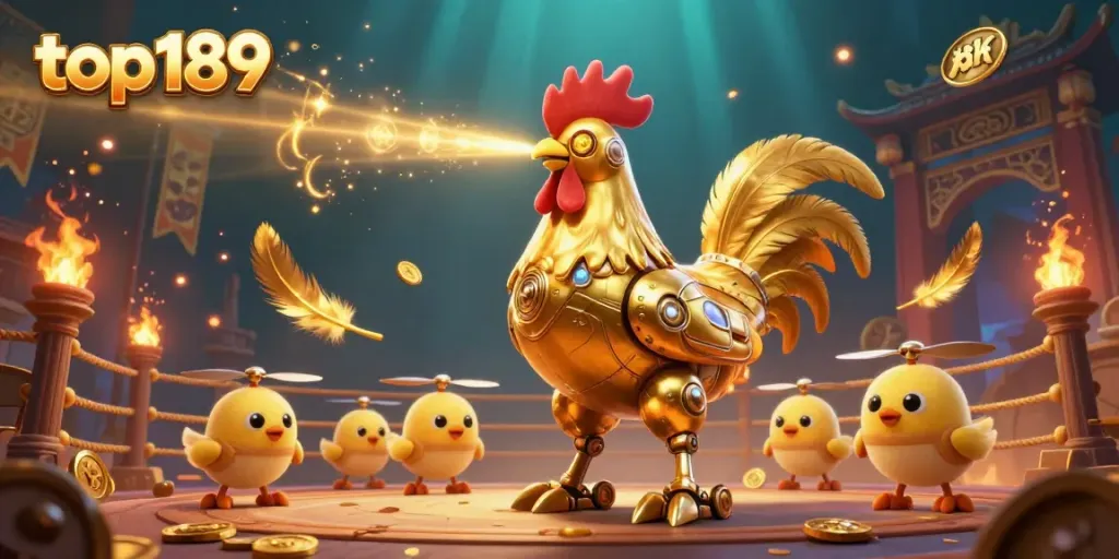 Experience top189 excitement with a golden rooster robot and baby chick drones in a dynamic casino setting.