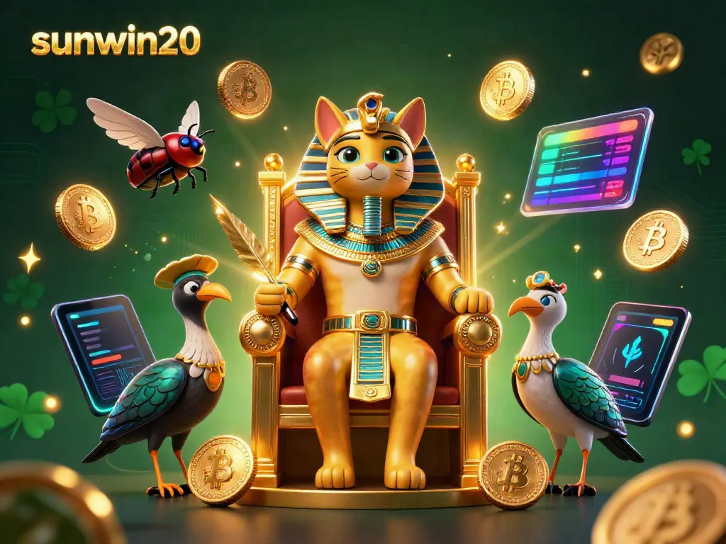 Engage in thrilling gameplay with sunwin20 in an ultra-detailed casino scene featuring a 3D pharaoh cat and glowing crypto elements.
