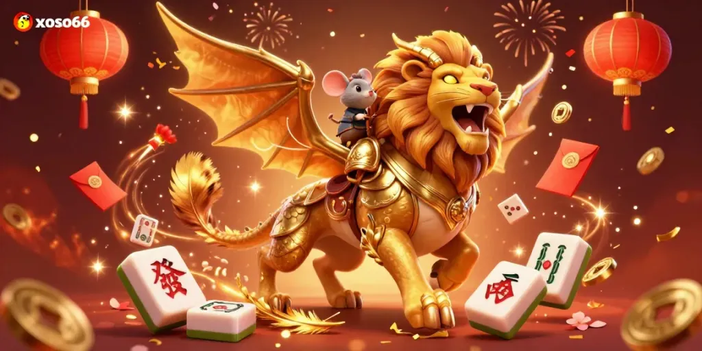 Experience the thrill of xoso66 with a roaring chimera and festive gambling elements in a vibrant casino scene.