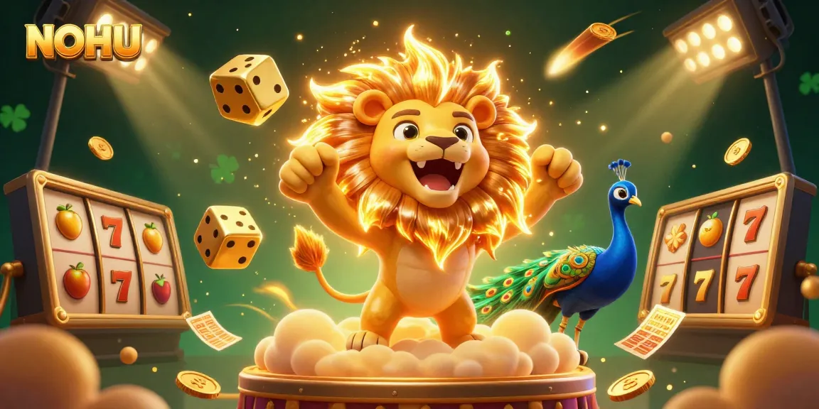 Engage in thrilling casino action with NOHU showcasing roaring lion and vibrant slot reels.