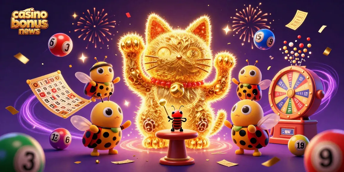 Immerse in the vibrant casino bonus news scene featuring a lucky cat composed of fireflies, dynamic game elements, and celebratory effects.