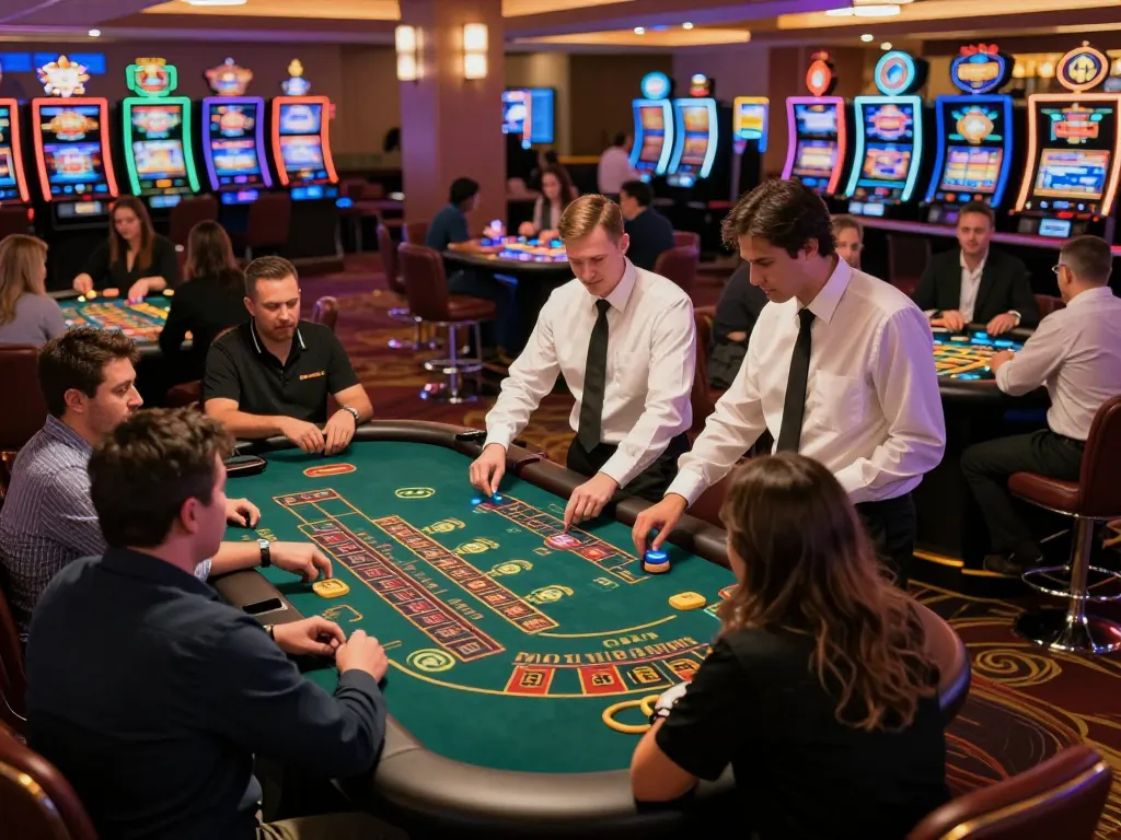 Players enjoying dynamic games on casino floor featuring keyword 5679, vibrant action, excited atmosphere.