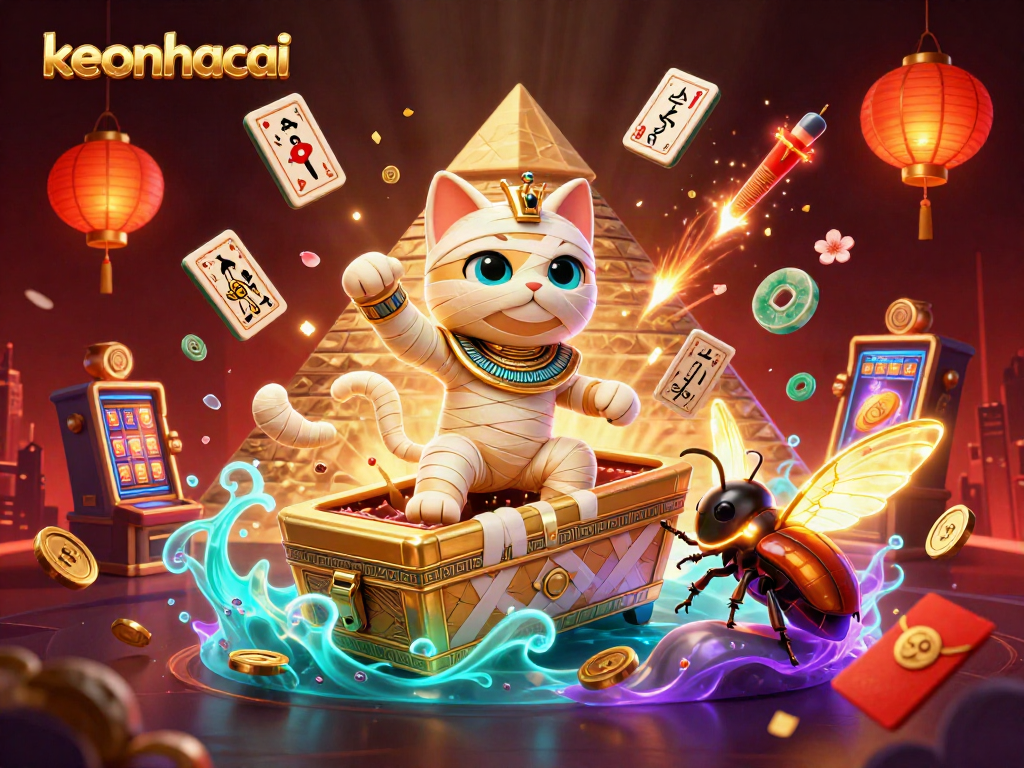 Experience thrilling action with keonhacai's Egyptian mummy cat bursting from a sarcophagus in a vibrant casino scene.