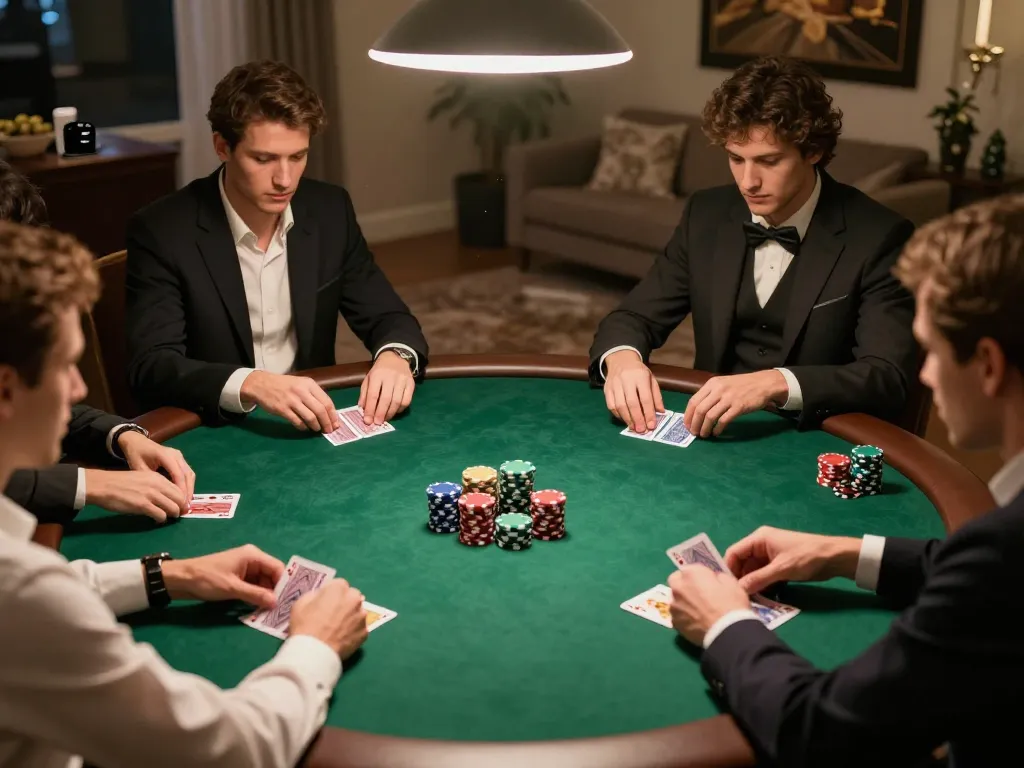 Players engaged in a strategic poker game at home, showcasing cm88 atmosphere of friendly competition.