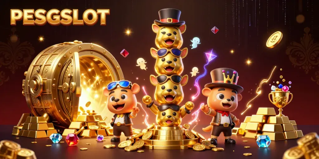 Menggunakan PESGSLOT, rasakan kesenangan bermain slot dengan gambar menarik dan banyak coin emas di sekelilingnya.