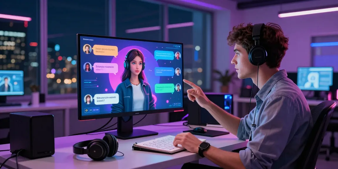 Young adult engaging with nsfw ai in a modern tech office environment, showcasing immersive interaction.
