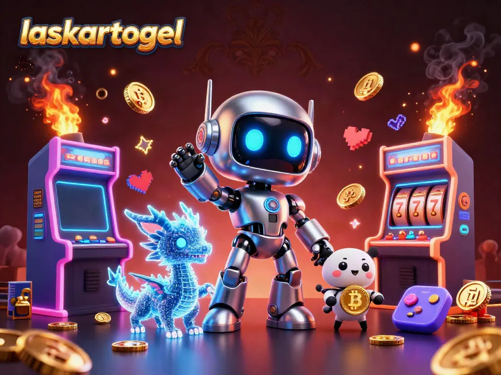 Engage in the win with laskartogel's vibrant gaming scene featuring a robotic mascot and jackpots.