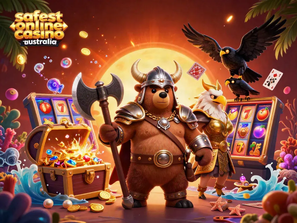 Engaging scene depicting the safest online casino Australia with a Viking bear and Valkyrie eagle in a vibrant underwater setting.