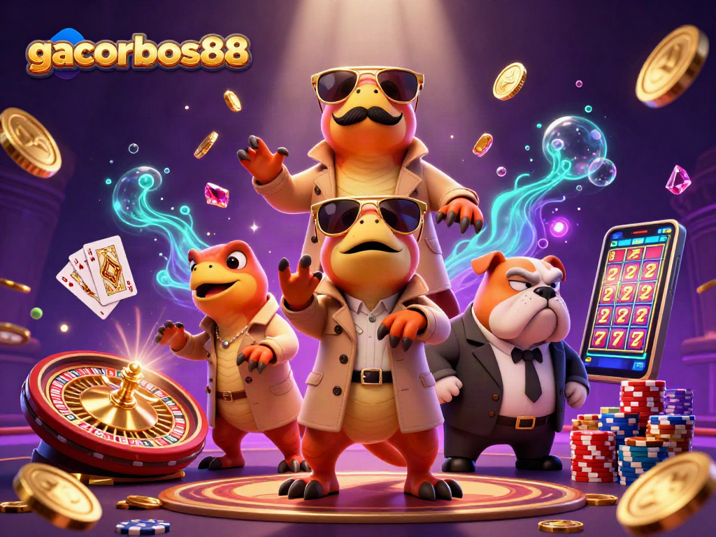 Experience the excitement at gacorbos88 with three raptors in a trench coat entering a VIP lounge.