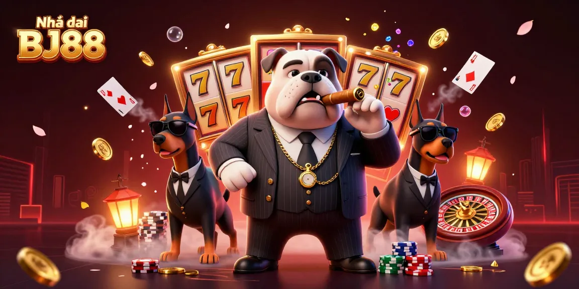 Experience the excitement of Nhà cái BJ88 with a cartoon mafia bulldog surrounded by vibrant slot machines and poker elements.