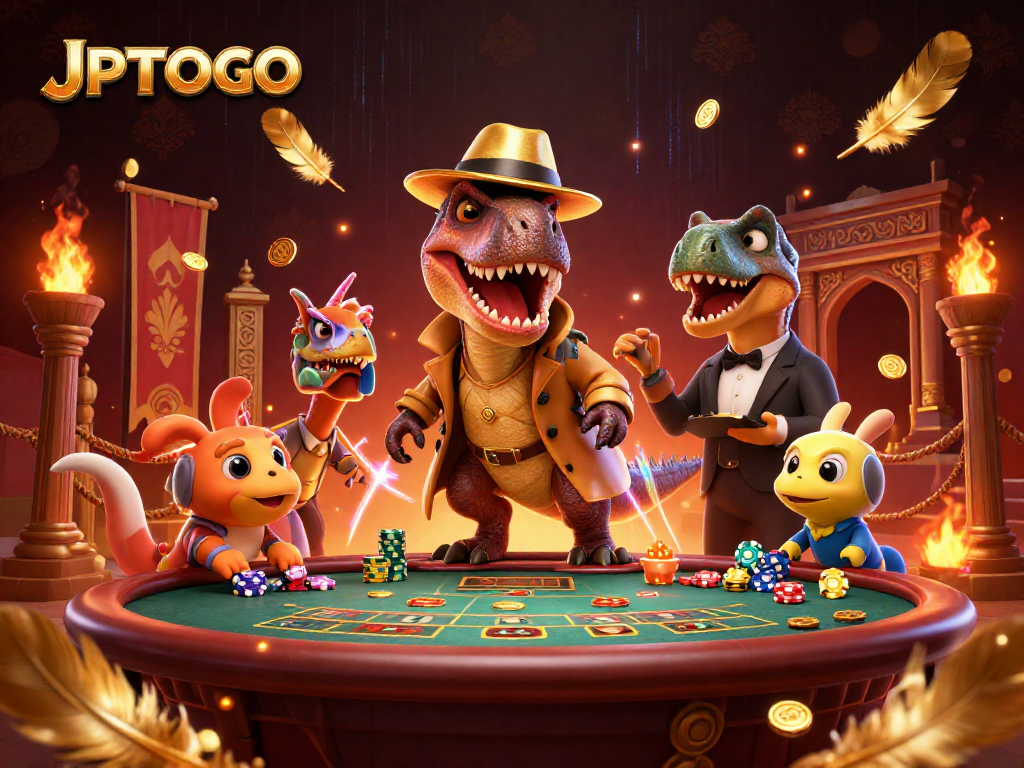 Engage with JPTOTO in a vibrant 3D casino scene featuring a velociraptor, pit boss, and pickpocket.