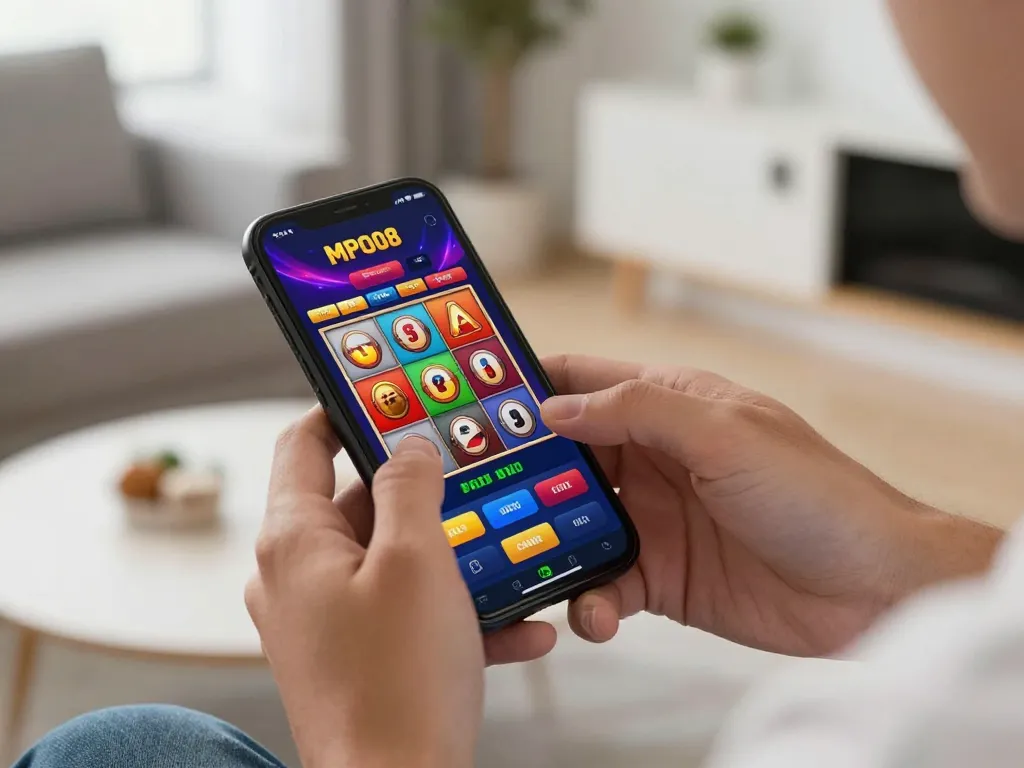 MPO08 mobile gaming in action with user engaging on smartphone for an exciting casino experience
