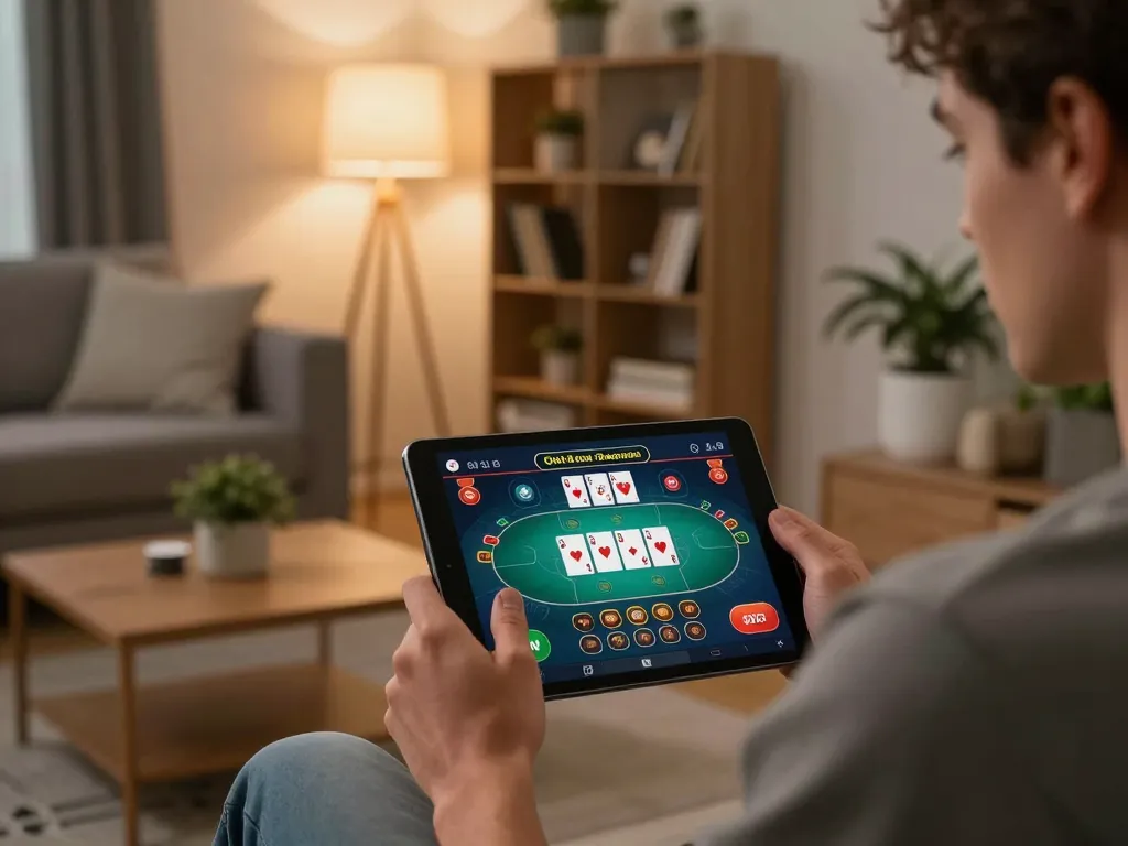 Player enjoying online poker game on tablet at home during relaxing evening with n188.