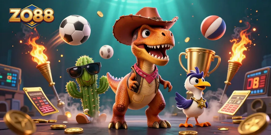 Engage in ZO88 sports betting with a dynamic casino scene featuring cartoon dinosaur and friends.