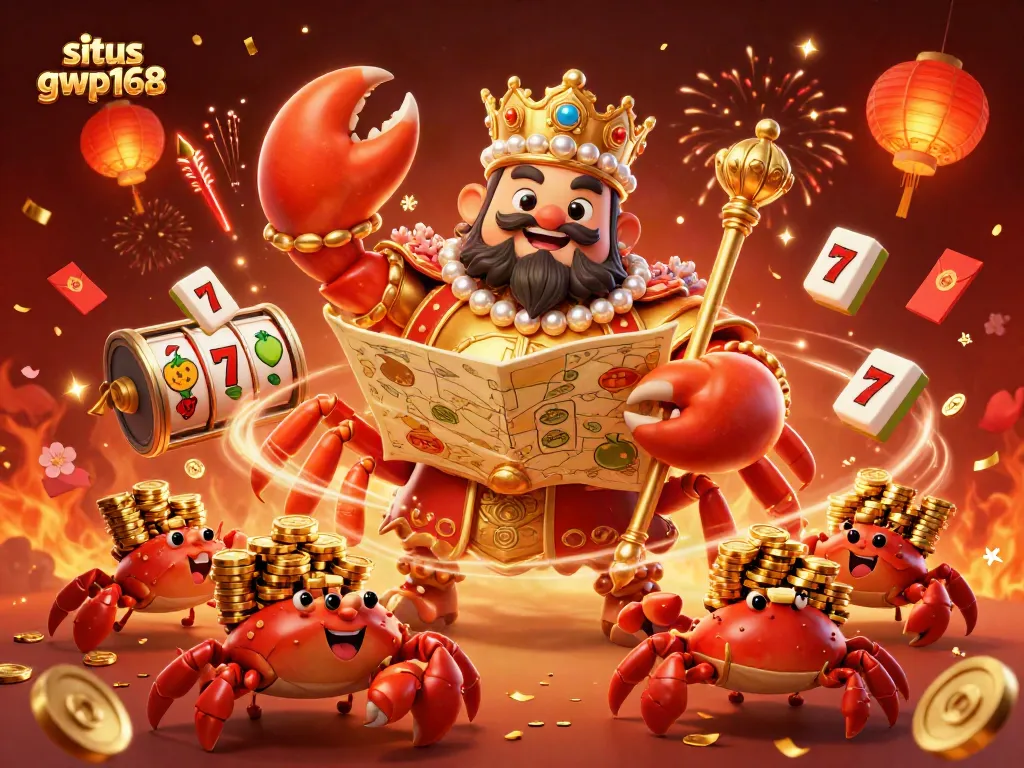Judi dengan slot gacor di situs gwp168 menyaksikan kepiting emas raja yang megah dikelilingi koin dan simbol keberuntungan.