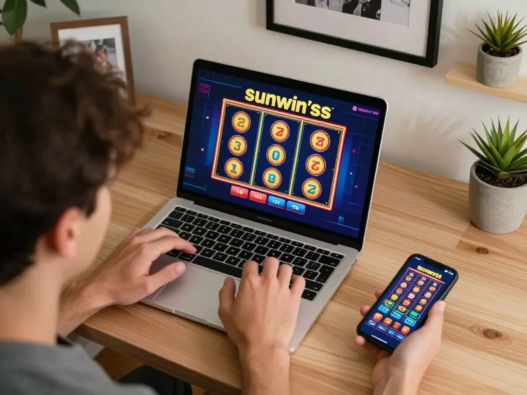 Sunwin user engaging with an exciting online slot game on a laptop in a cozy home office environment
