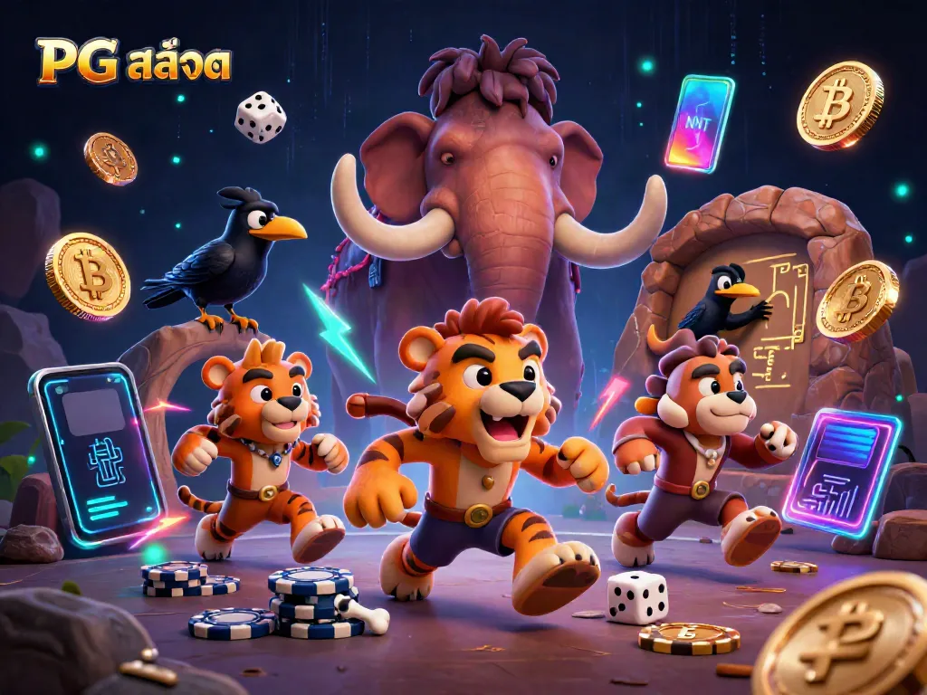 Play PG สล็อต in a vibrant prehistoric casino with colorful characters and thrilling crypto elements.