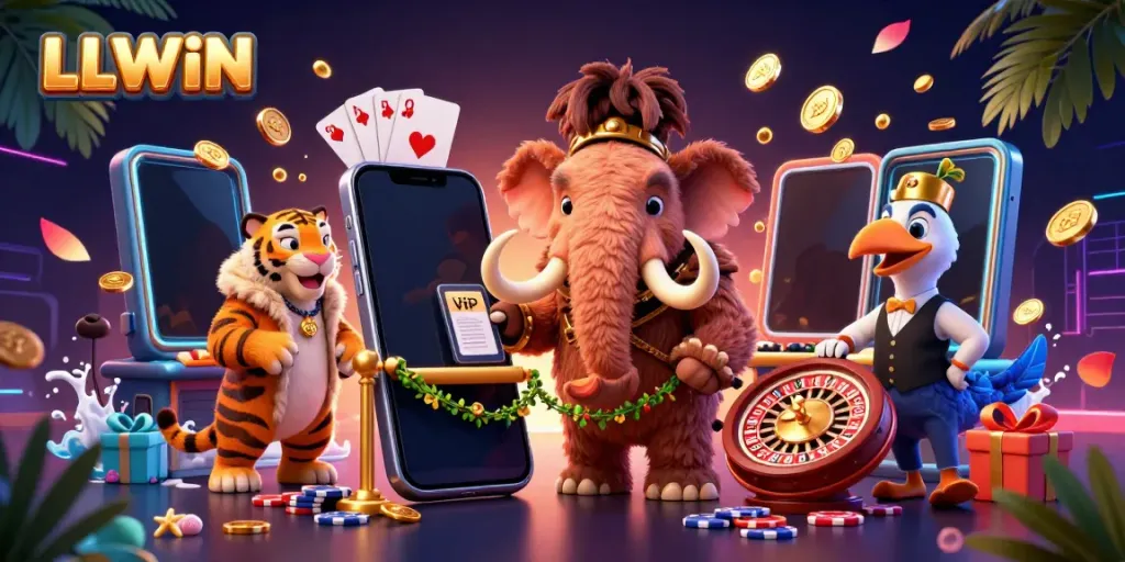 Engaging LLWIN casino scene with a woolly mammoth bouncer, showcasing vibrant slot game action.