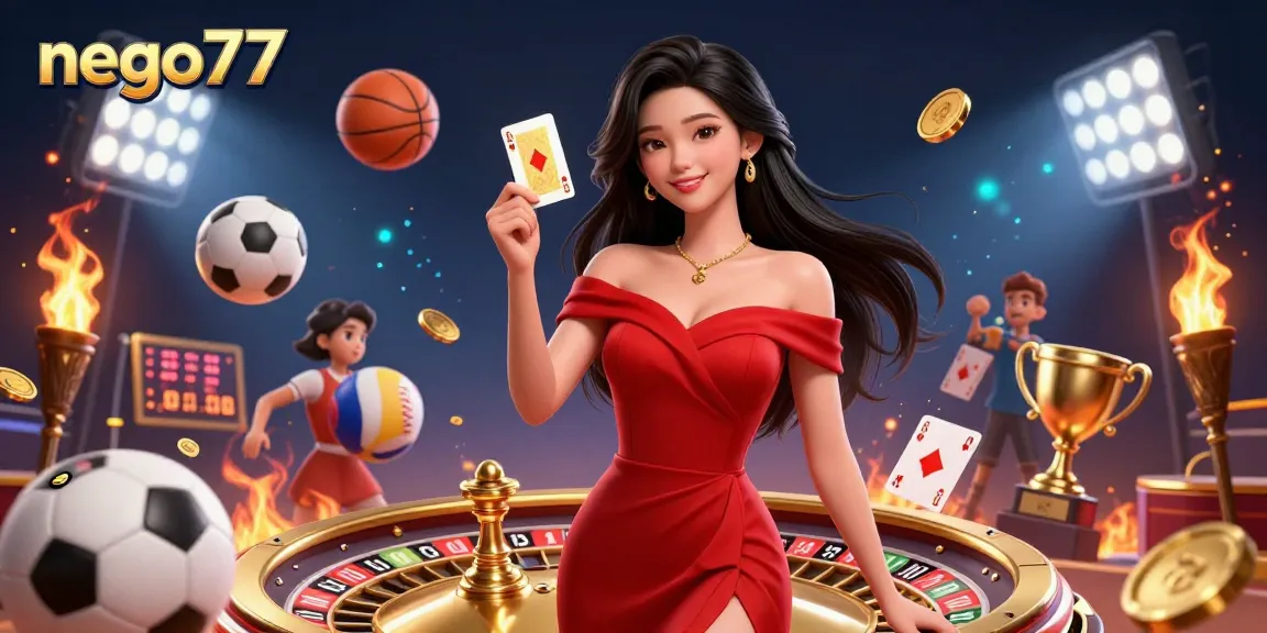 Nego77 offers dynamic casino experiences with a stunning Asian woman holding a golden playing card, amidst vibrant gambling elements.