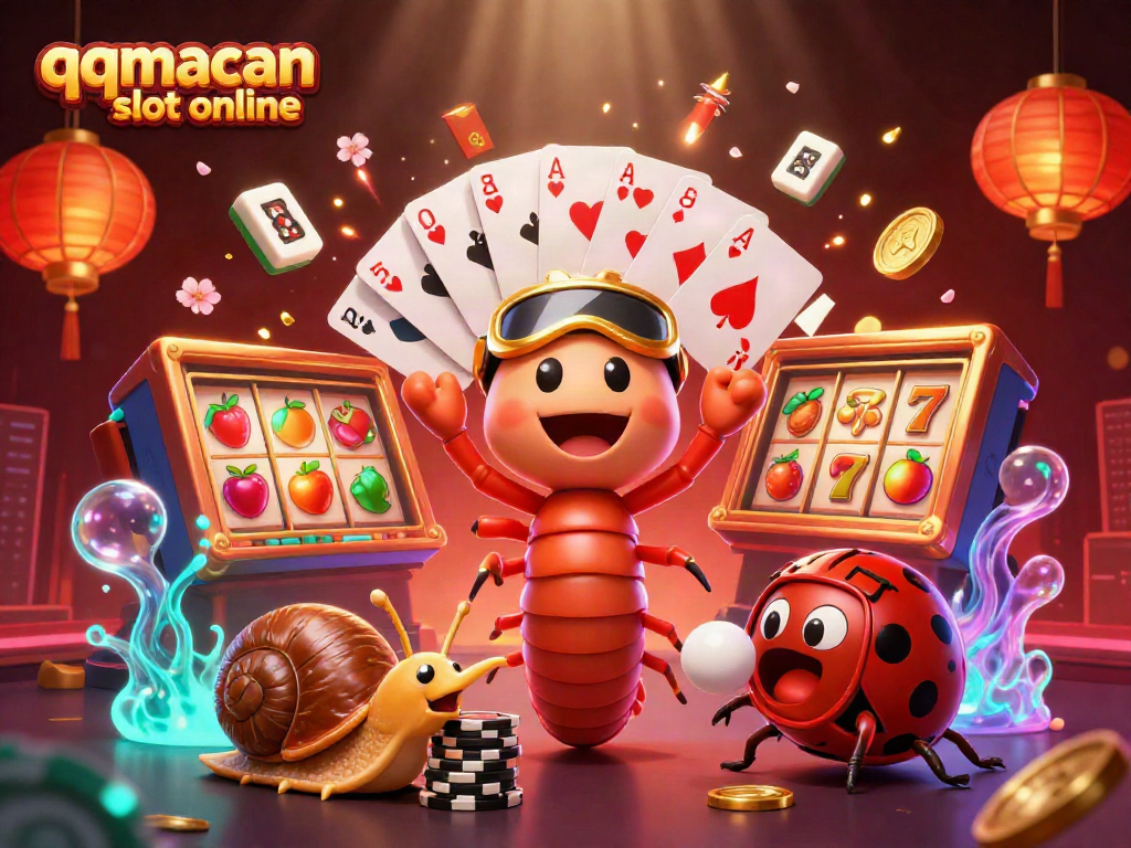 Mainkan qqmacan slot online dengan dealer kartun milipede dan chip bertumpuk, meriah dengan elemen permainan.