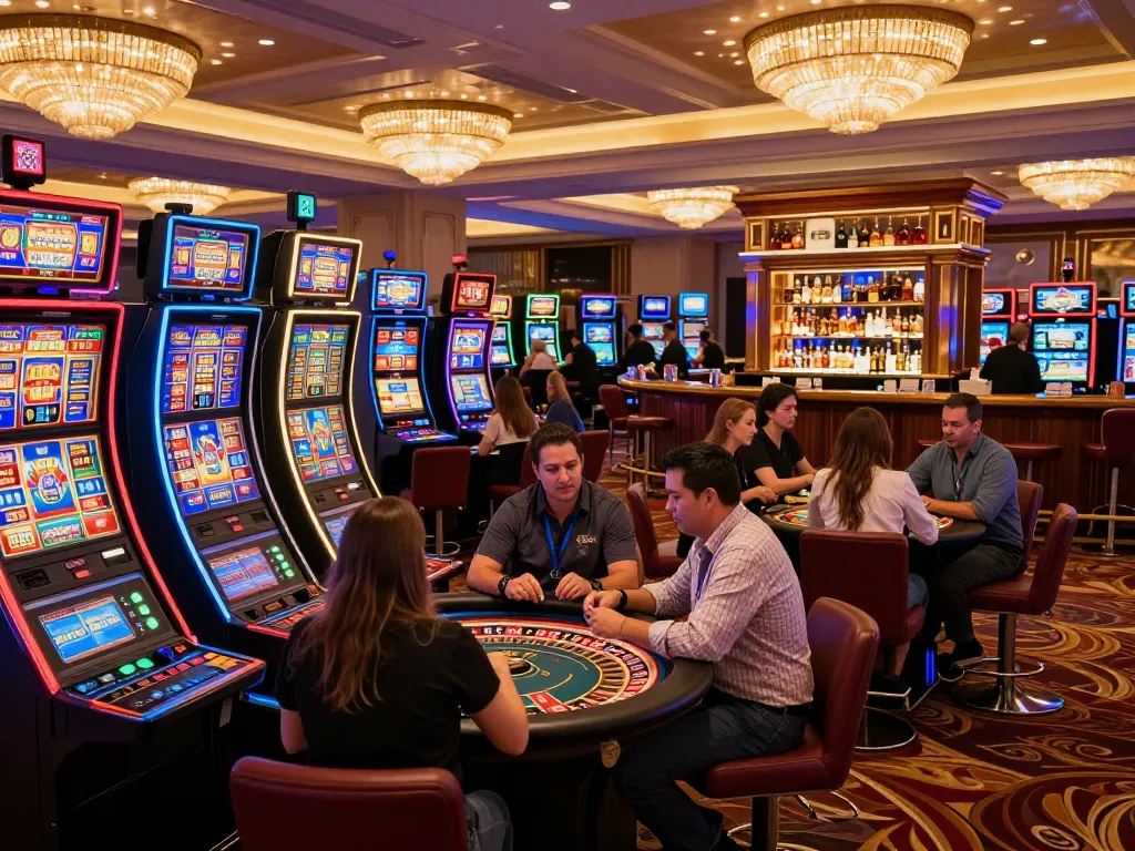 Players enjoying vibrant slot machines at kuwinfi casino, showcasing lively gaming atmosphere and excitement.