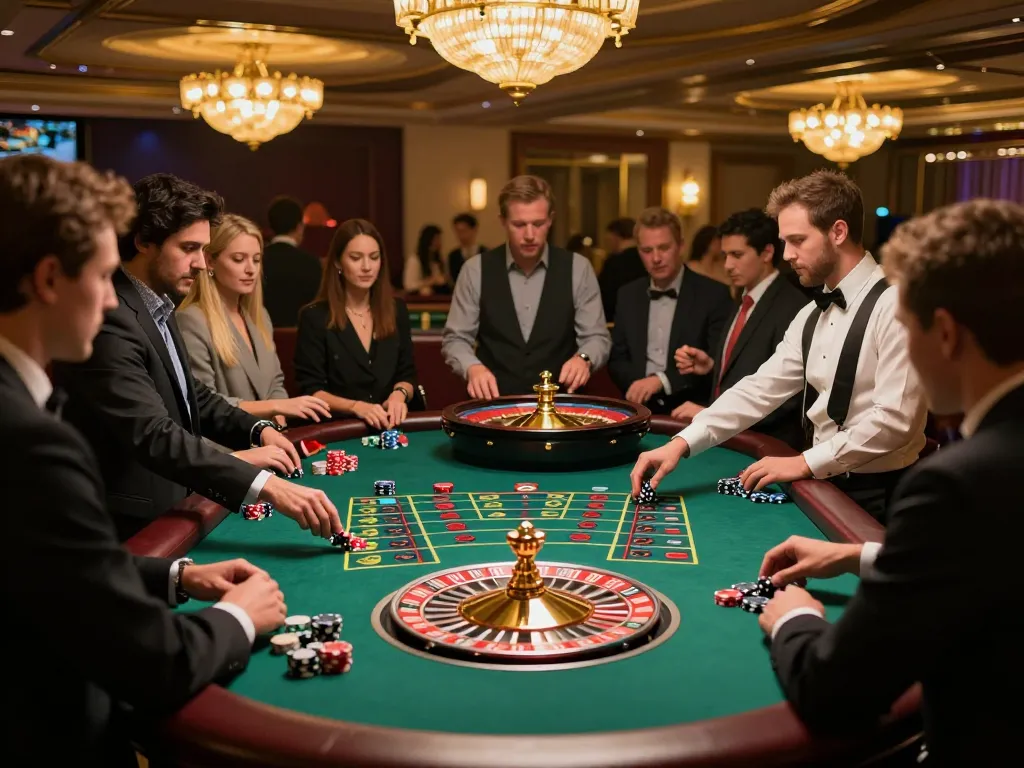 FAFA 828 players engaging in a thrilling roulette game at an upscale casino table.