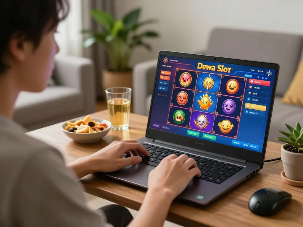Engaging in Dewa Slot online gameplay with colorful graphics on screen, showcasing strategic betting moments.
