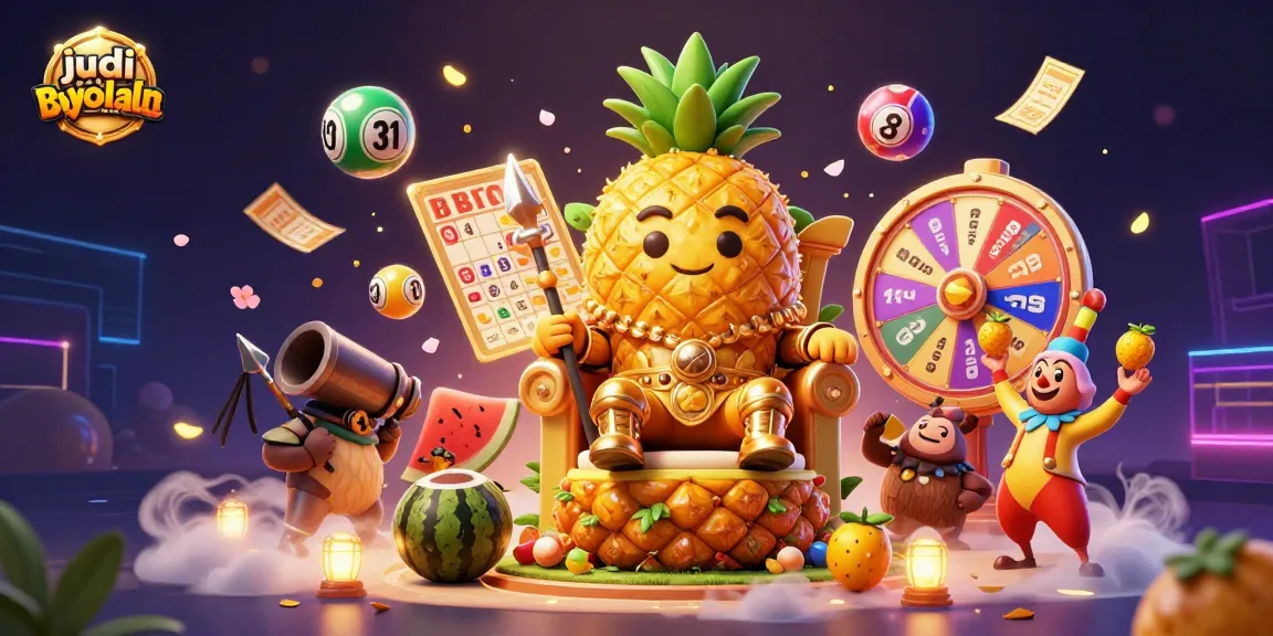 Engage in judi bola online with a vibrant 3D scene featuring a golden pineapple king and dynamic gambling elements.