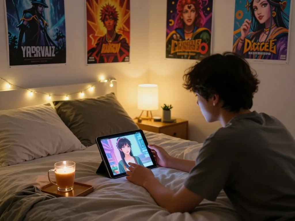 Engaging with NSFW AI character on tablet in cozy bedroom atmosphere