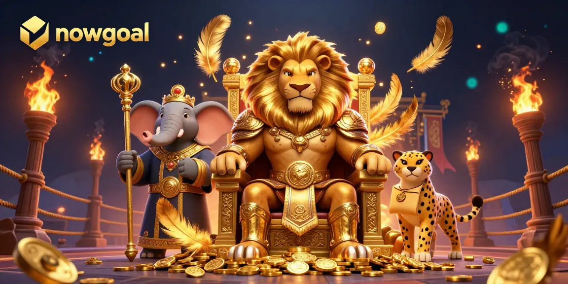 Bet on nowgoal with a fierce lion king, elephant advisor, and cheetah messenger in a vibrant 3D scene.