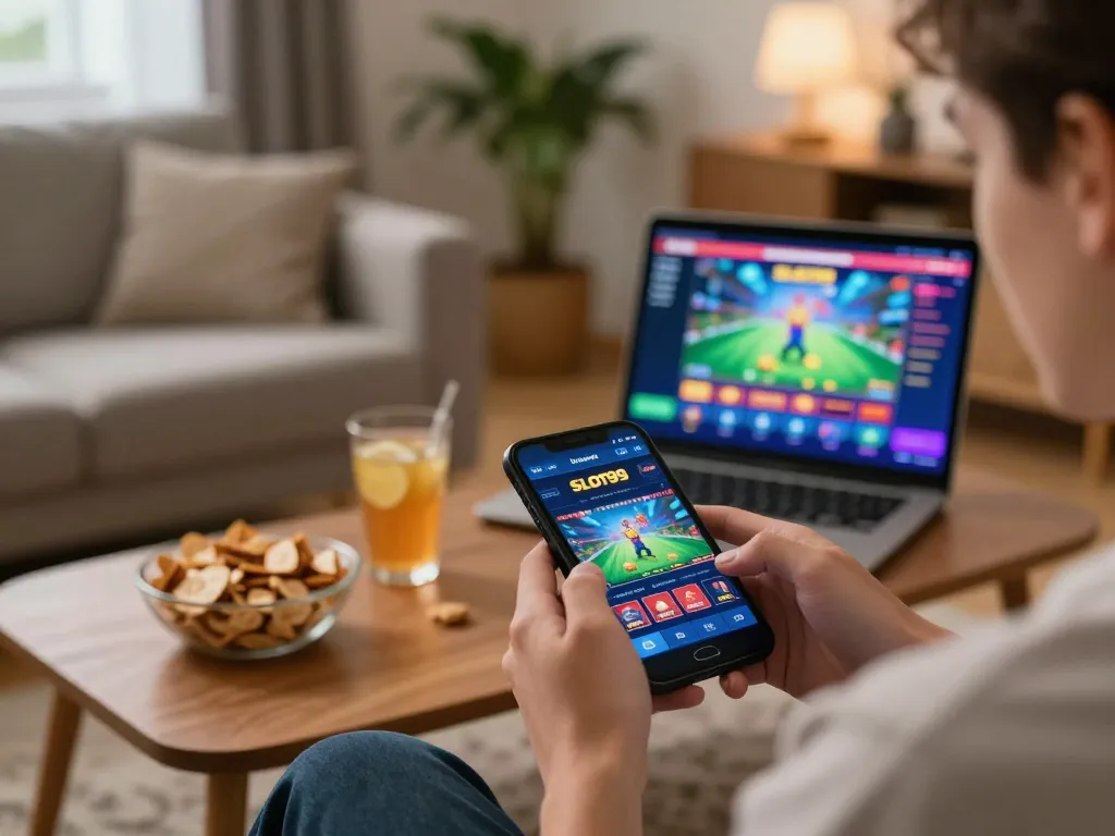 SLOT99 player engaging in online slots at home, showcasing a relaxed gaming environment with snacks.