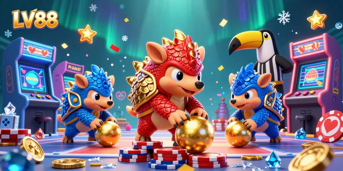 Experience the exciting LV88 casino action with cartoon pangolins bowling through poker chips in vibrant 3D illustration.