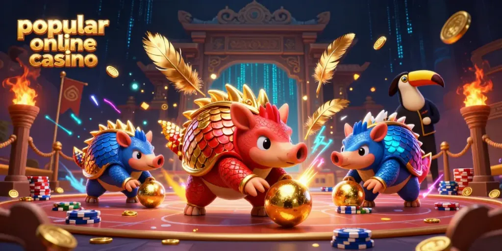 Experience excitement at a popular online casino with rival pangolins competing amidst dazzling gold coins.