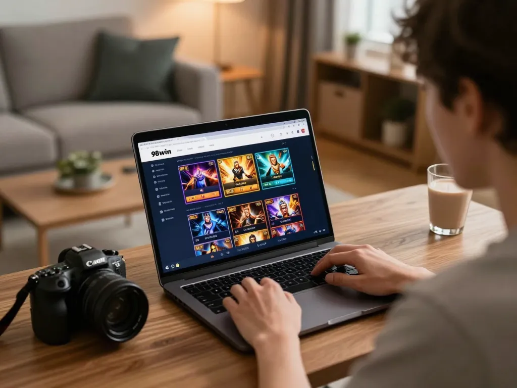 Player immersed in 98win's online gambling experience, showcasing a lively home gaming setup
