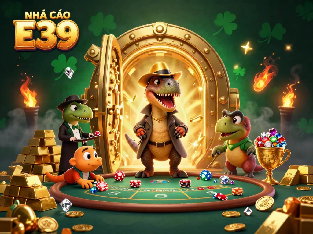 Experience the thrill of gaming at NHÀ CÁI E39 with vibrant casino characters and treasures.