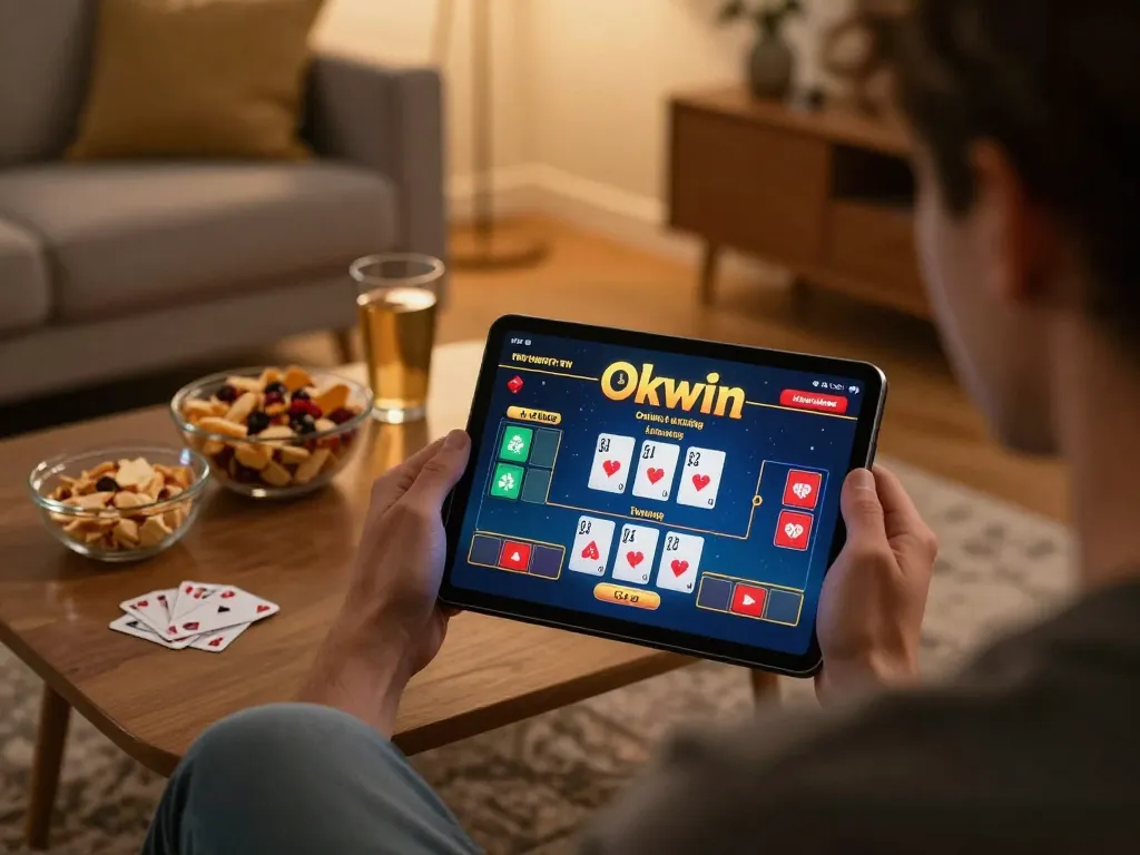 Engaging with Okwin tv through a tablet in a cozy home setting, highlighting online casino gaming.