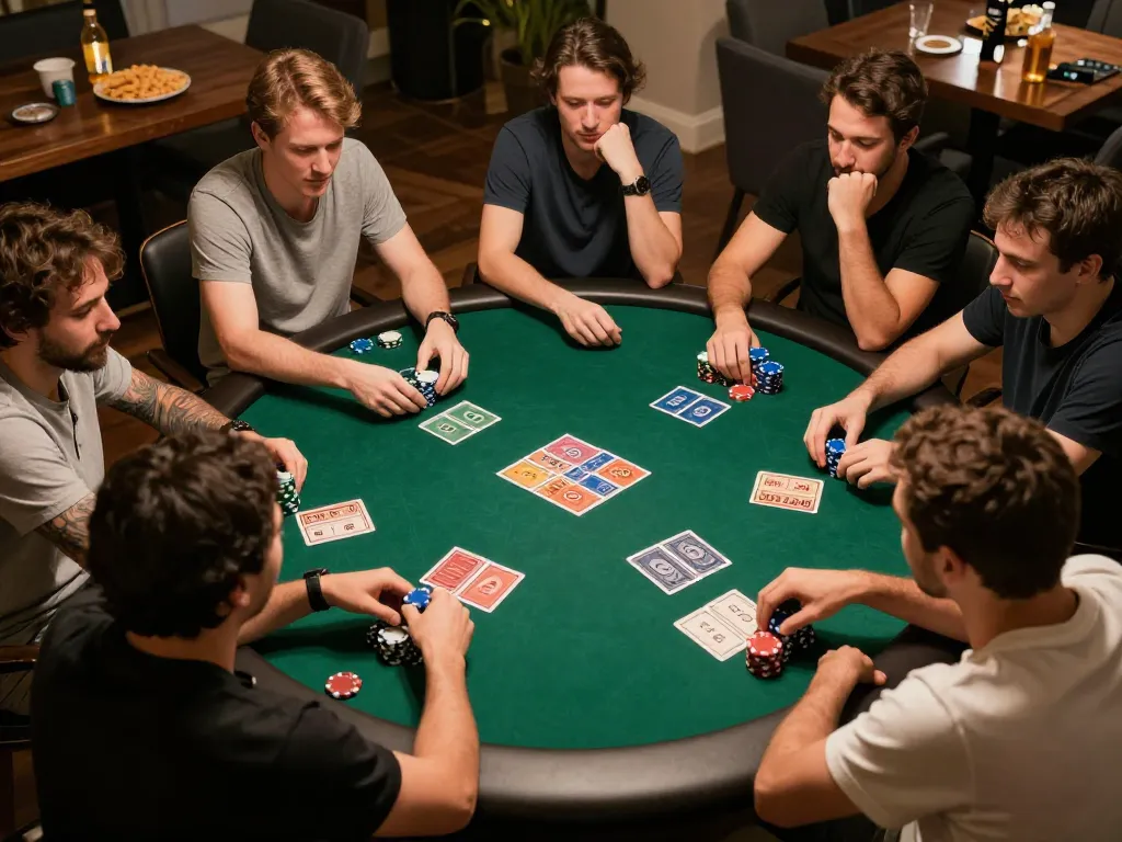 MPO08 players strategizing during a lively home poker night, showcasing excitement and camaraderie.