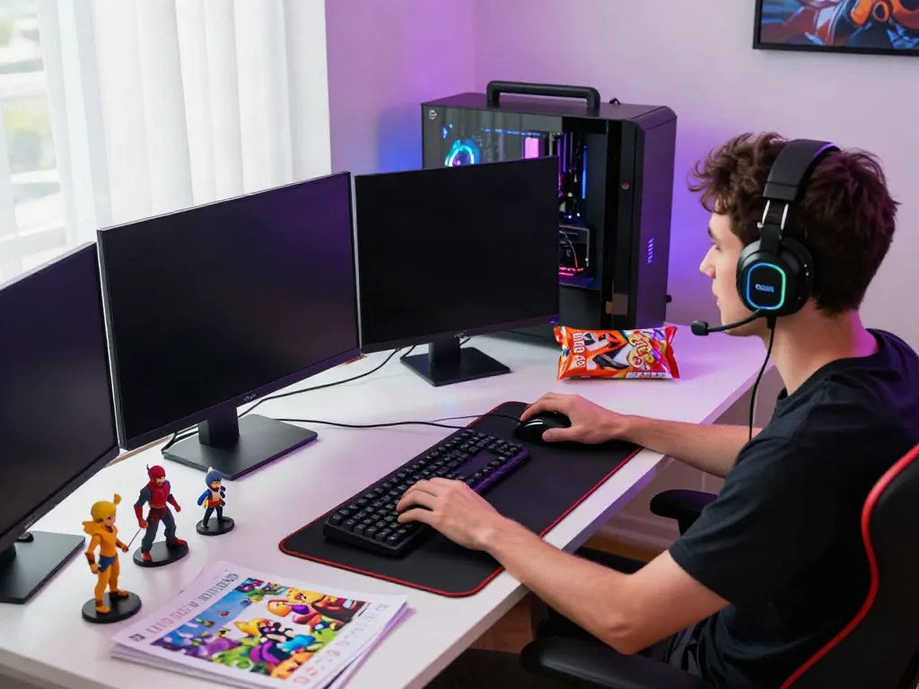 Dynamic online gaming scene with akunjp player engaged in a vibrant home office setup.