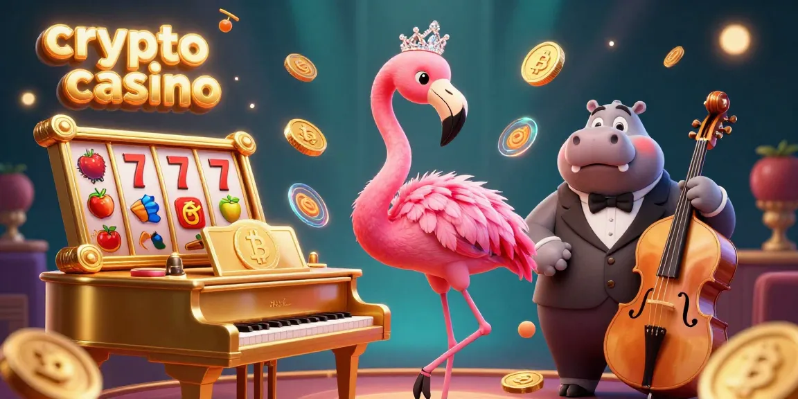 Engage in a vibrant crypto casino scene featuring a flamingo singer, hippo bassist, and dynamic game elements.