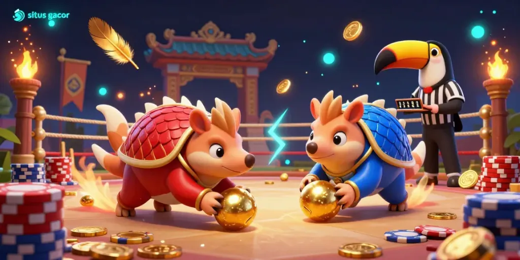 Menyaksikan situs gacor dengan dua pangolin rival beraksi di arena slot, diiringi koin emas dan energi bunga api.