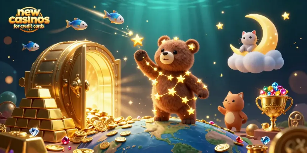 Experience new casinos for credit cards with vibrant illustrations showcasing animated characters and golden treasures.