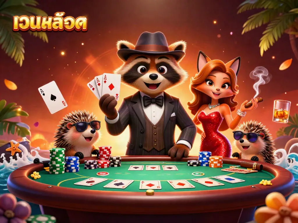 Experience เว็บสล็อต excitement with a raccoon and fox at a vibrant casino table.