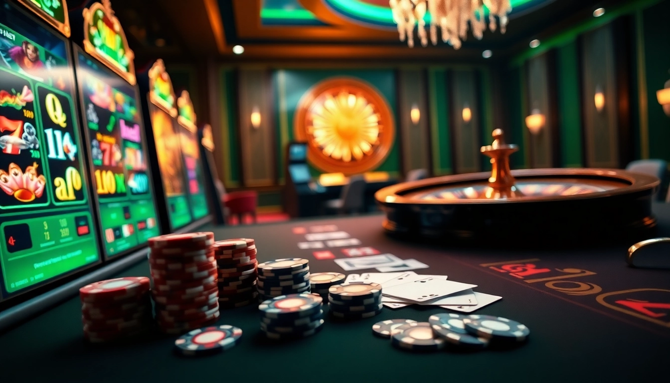 Engage with exciting games on sepuhplay, showcasing vibrant slot machines and poker chips.
