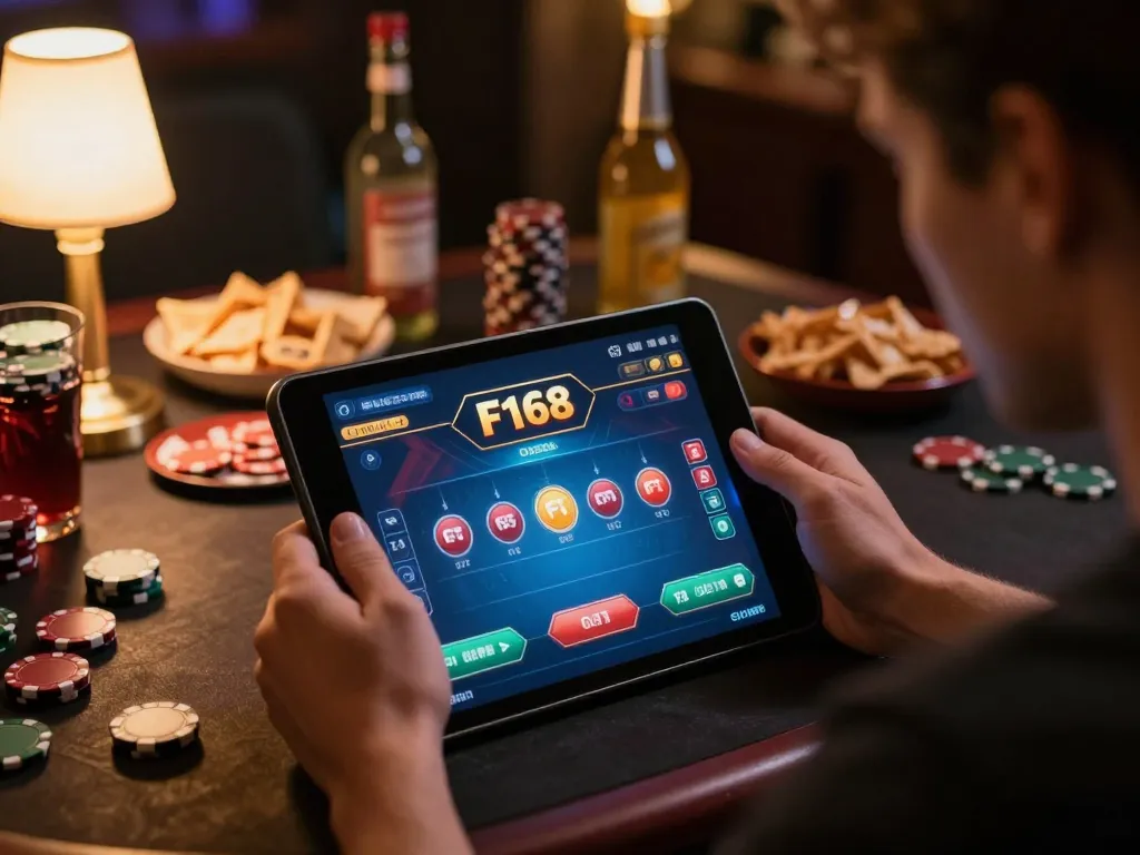 Player engaging with F168 poker game on tablet in cozy home setting, highlighting strategic gameplay.