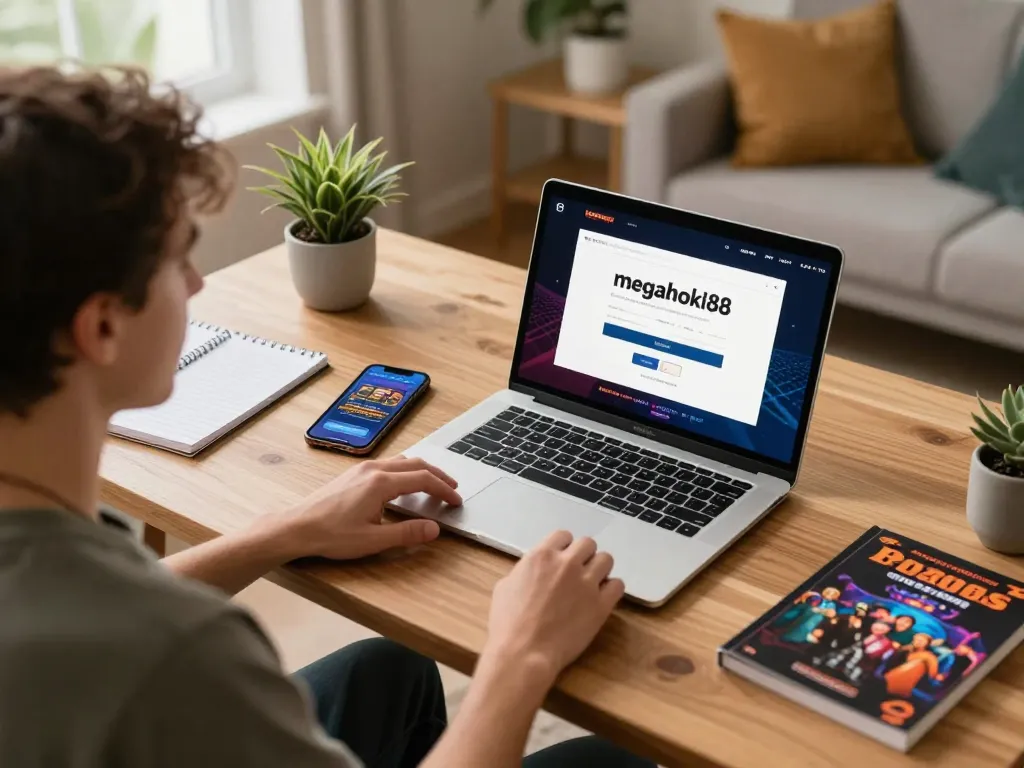 Experience seamless gaming with megahoki88 login on a stylish home office setup, showcasing a laptop ready for online play.