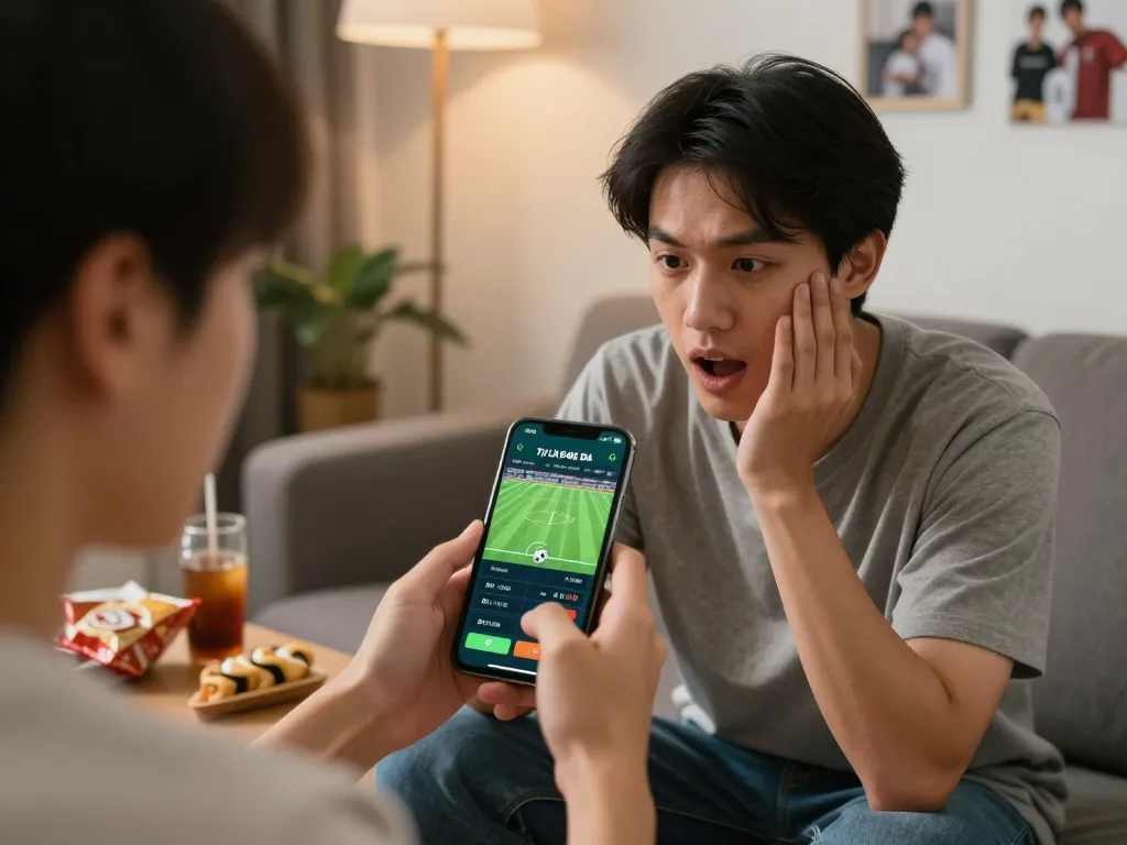 Tỷ Lệ Bóng Đá betting app on smartphone in a casual living room setting, showcasing an engaged user.