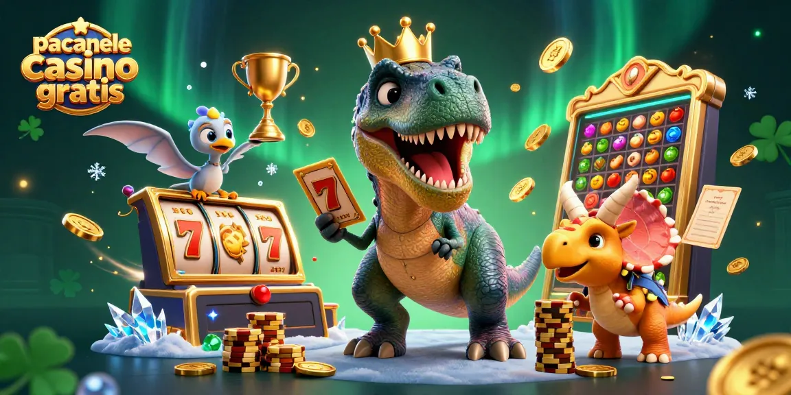 Joacă păcănele casino gratis cu T-Rex și triceratops în atmosferă creativă, plină de aur.